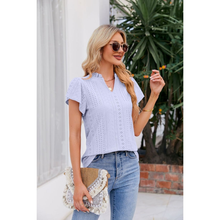 Notched Neck Puff Sleeve Blouse