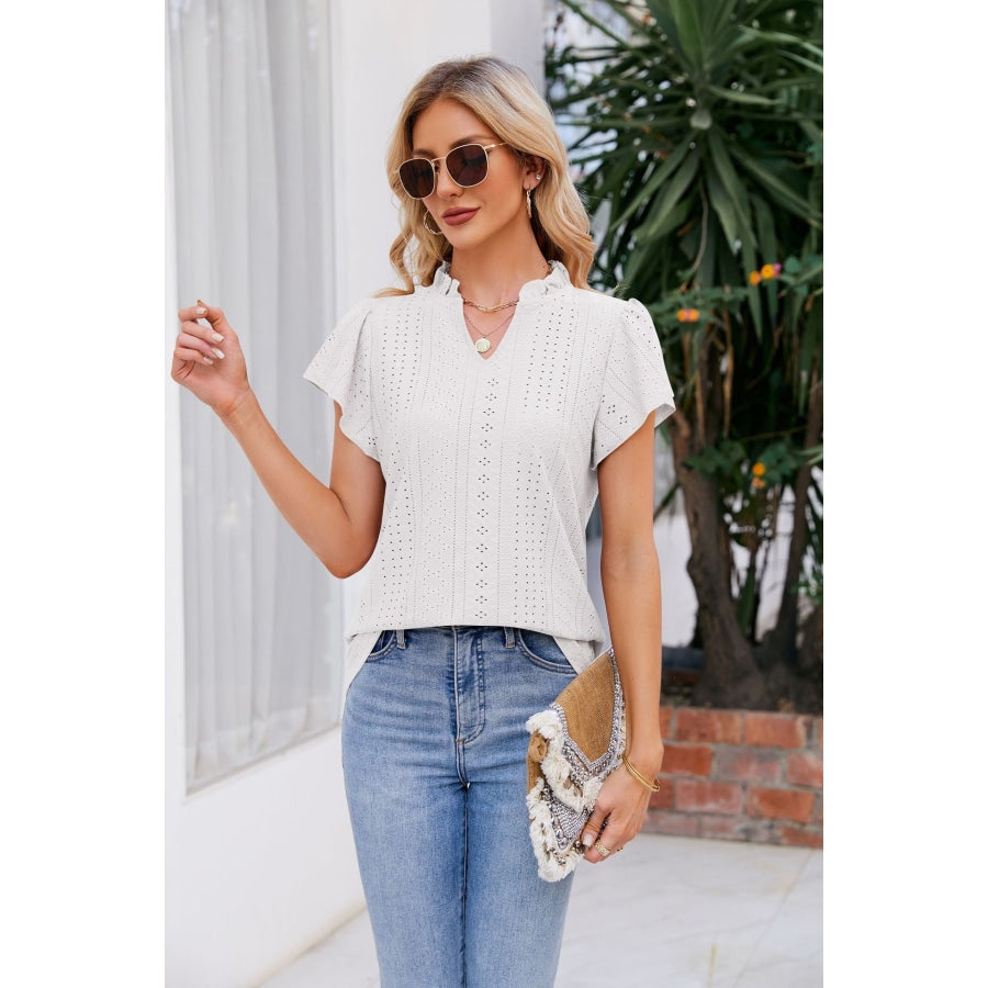 Notched Neck Puff Sleeve Blouse