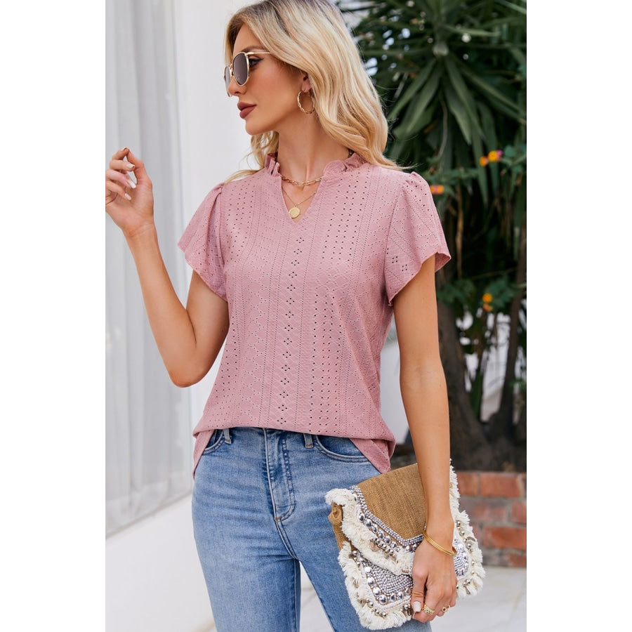 Notched Neck Puff Sleeve Blouse