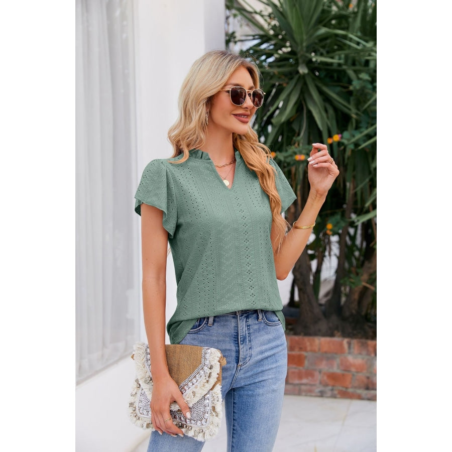 Notched Neck Puff Sleeve Blouse