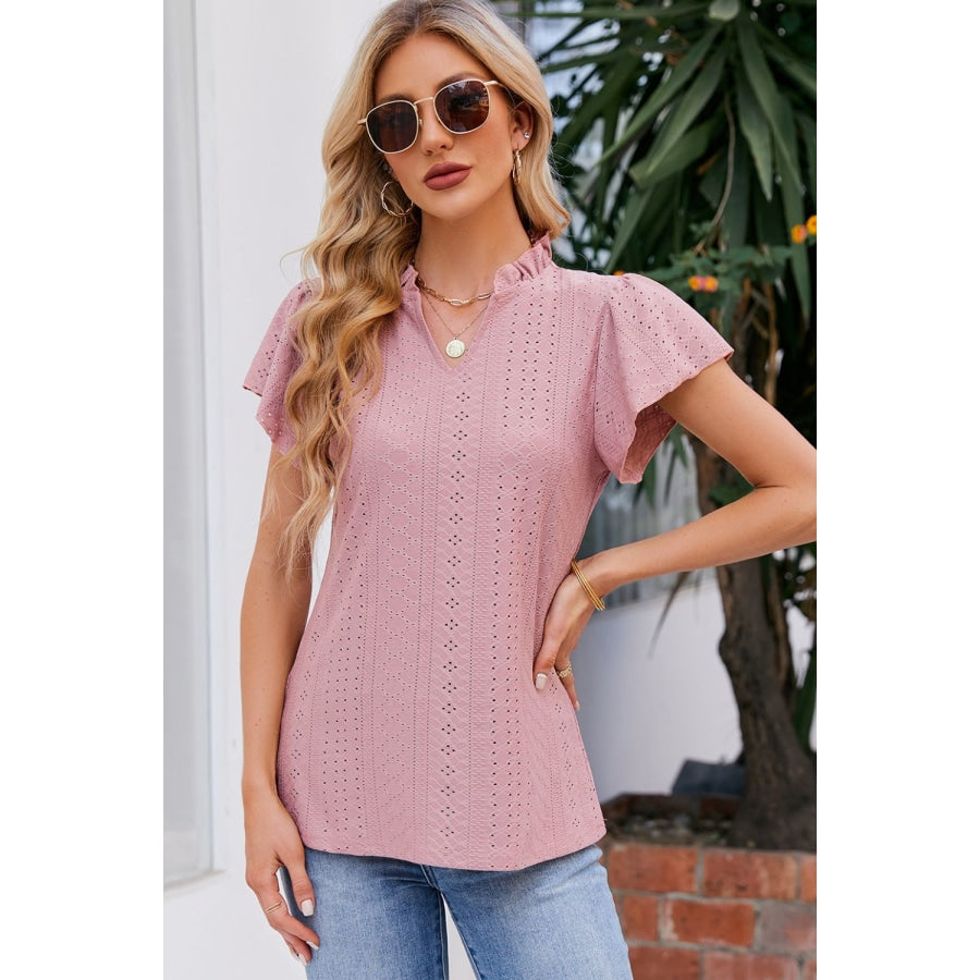 Notched Neck Puff Sleeve Blouse