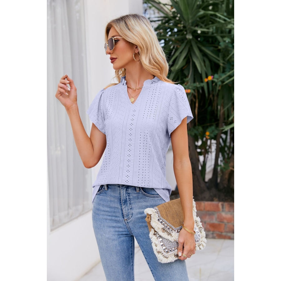 Notched Neck Puff Sleeve Blouse