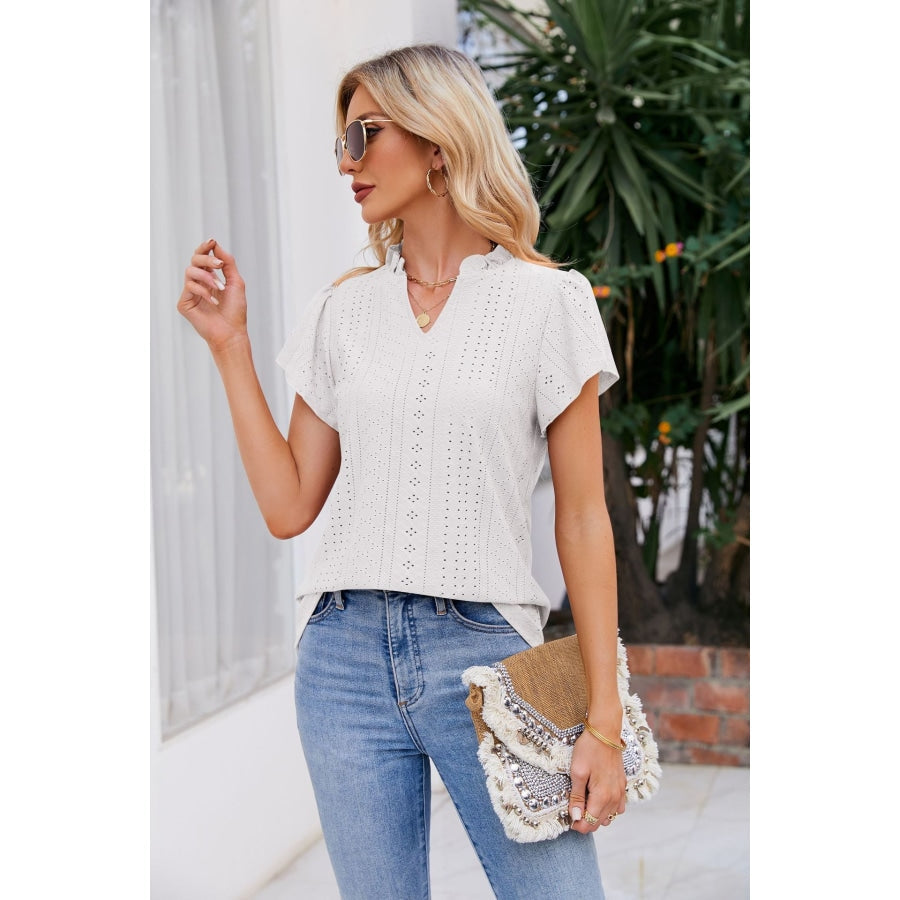 Notched Neck Puff Sleeve Blouse