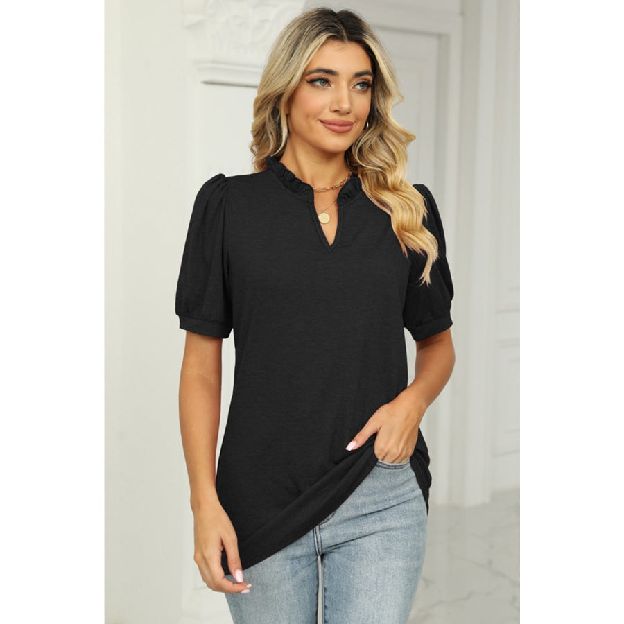 Notched Neck Puff Sleeve T-Shirt Black / S