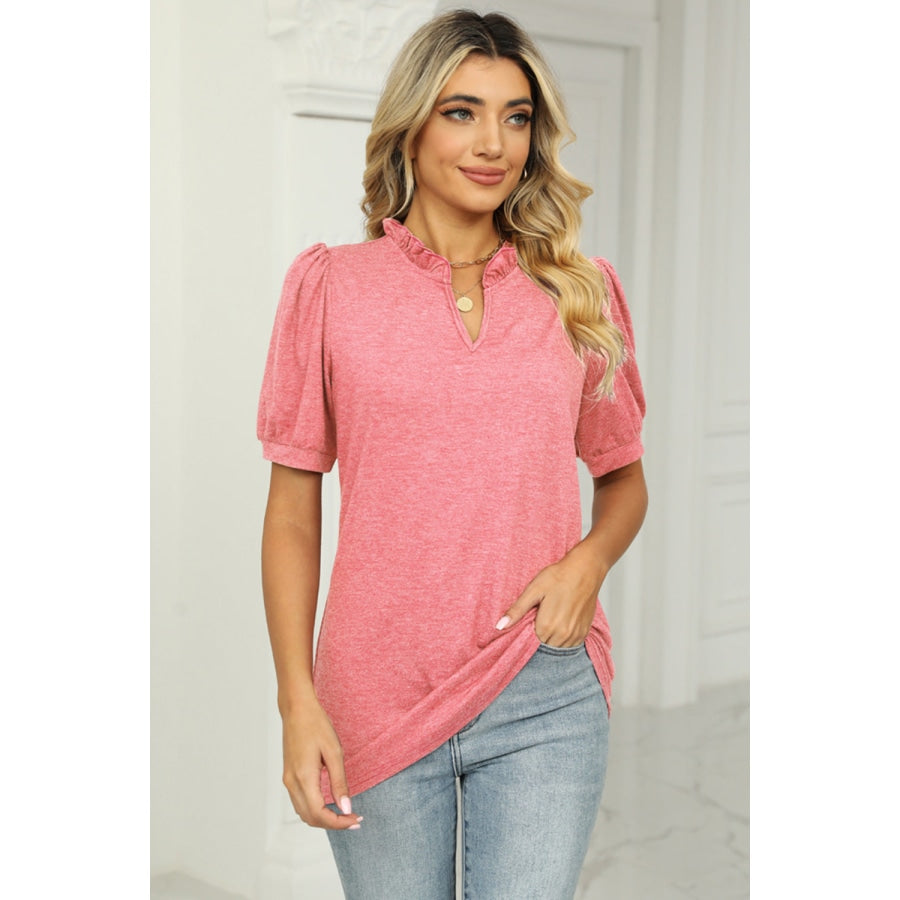 Notched Neck Puff Sleeve T-Shirt Coral / S