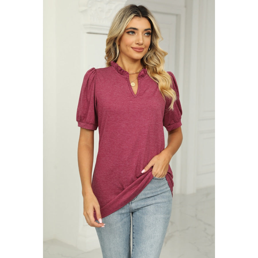 Notched Neck Puff Sleeve T-Shirt Deep Rose / S