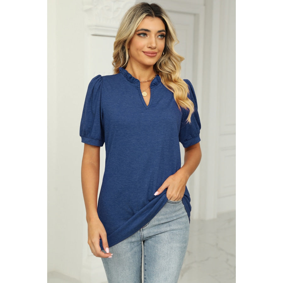 Notched Neck Puff Sleeve T-Shirt Royal Blue / S