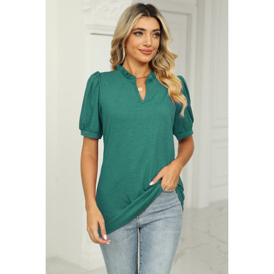 Notched Neck Puff Sleeve T-Shirt Teal / S