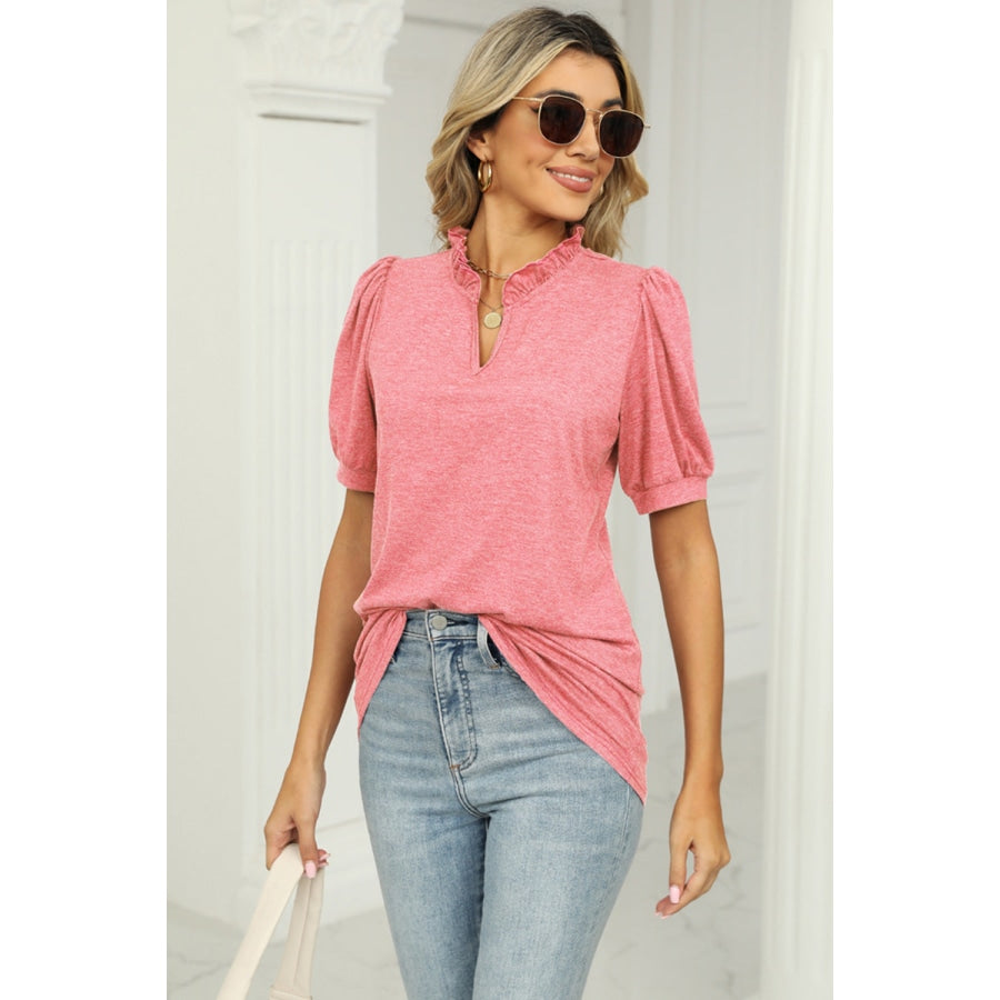 Notched Neck Puff Sleeve T-Shirt