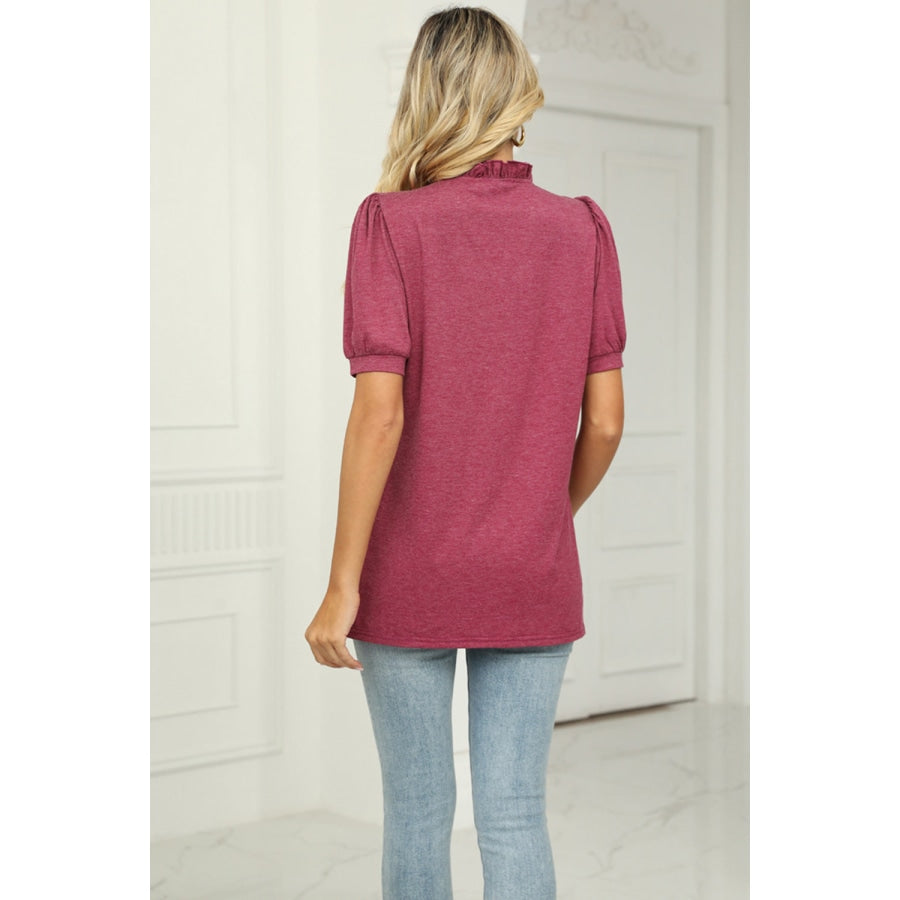 Notched Neck Puff Sleeve T-Shirt Deep Rose / S