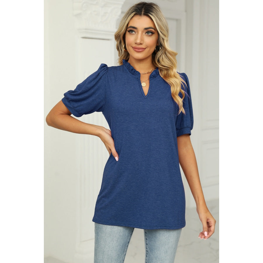 Notched Neck Puff Sleeve T-Shirt