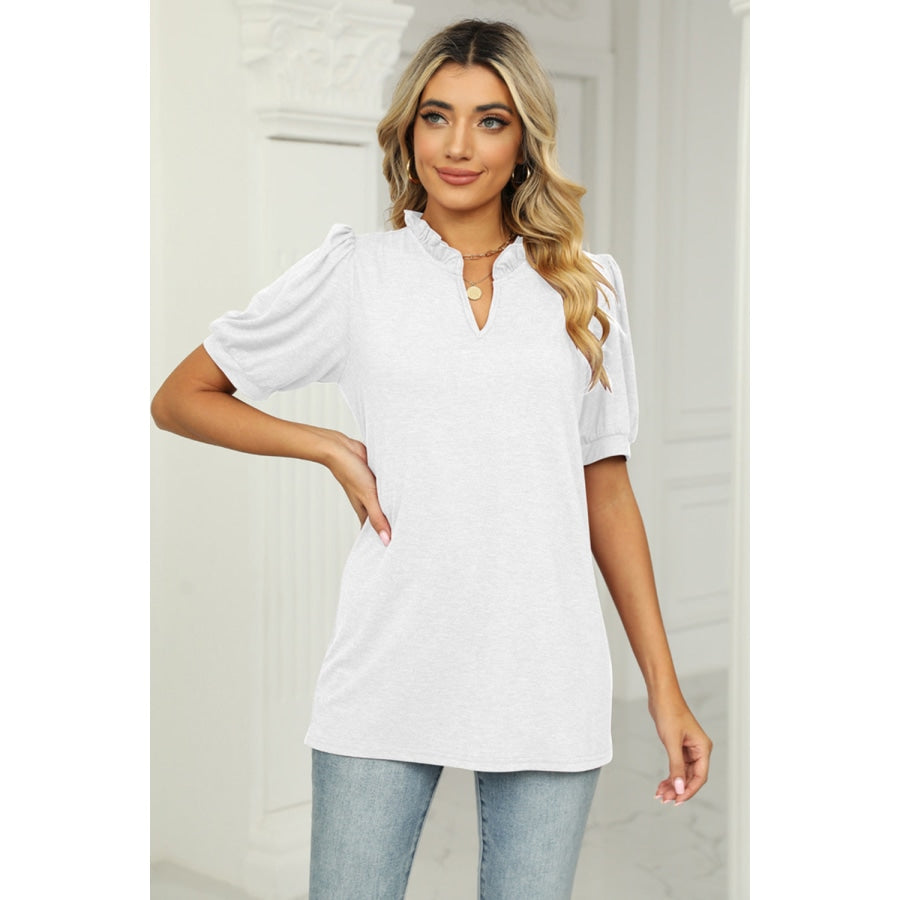 Notched Neck Puff Sleeve T-Shirt