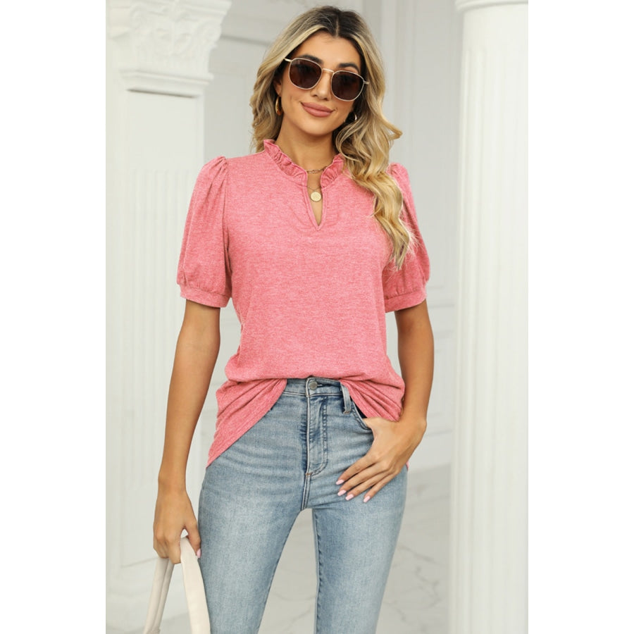 Notched Neck Puff Sleeve T-Shirt