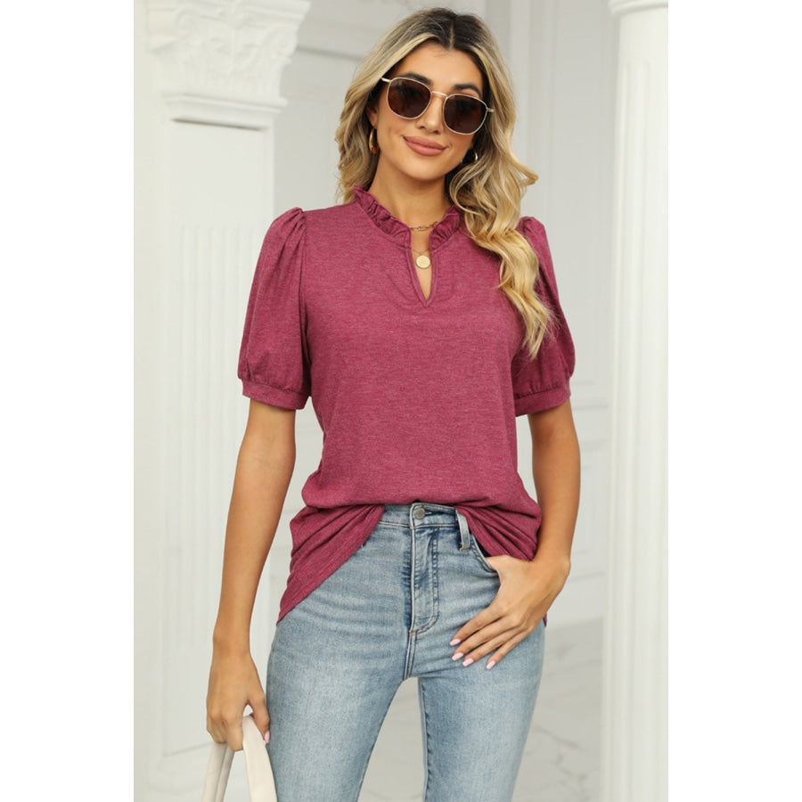 Notched Neck Puff Sleeve T-Shirt