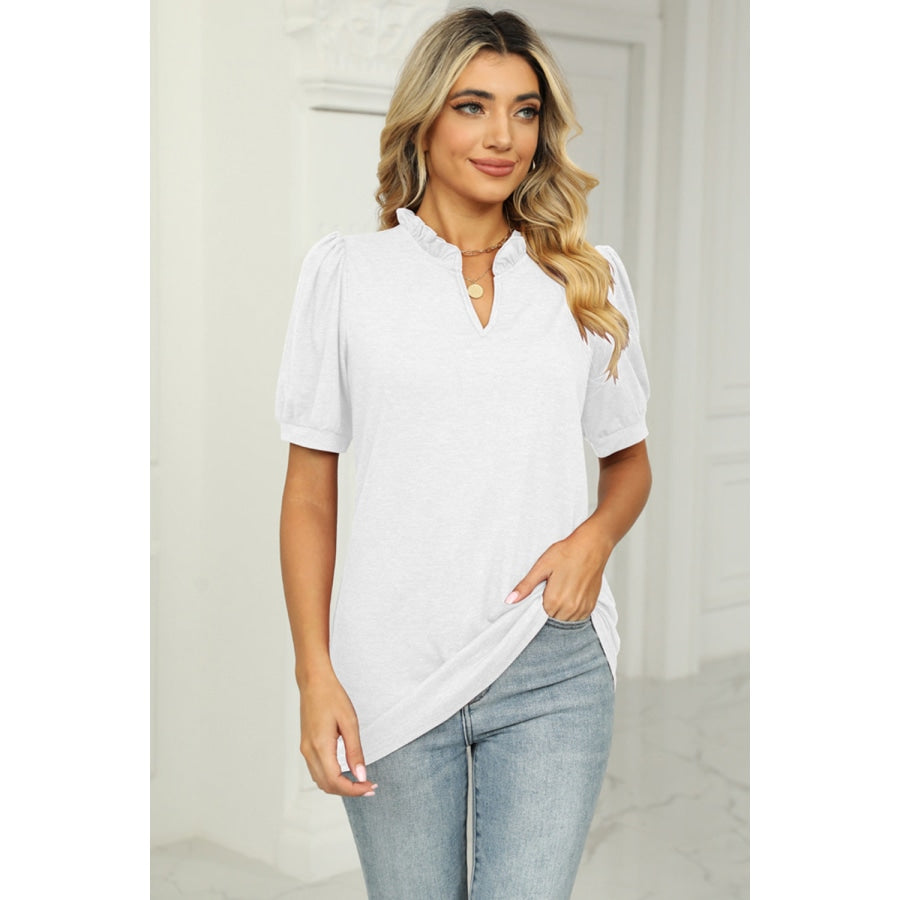 Notched Neck Puff Sleeve T-Shirt White / S