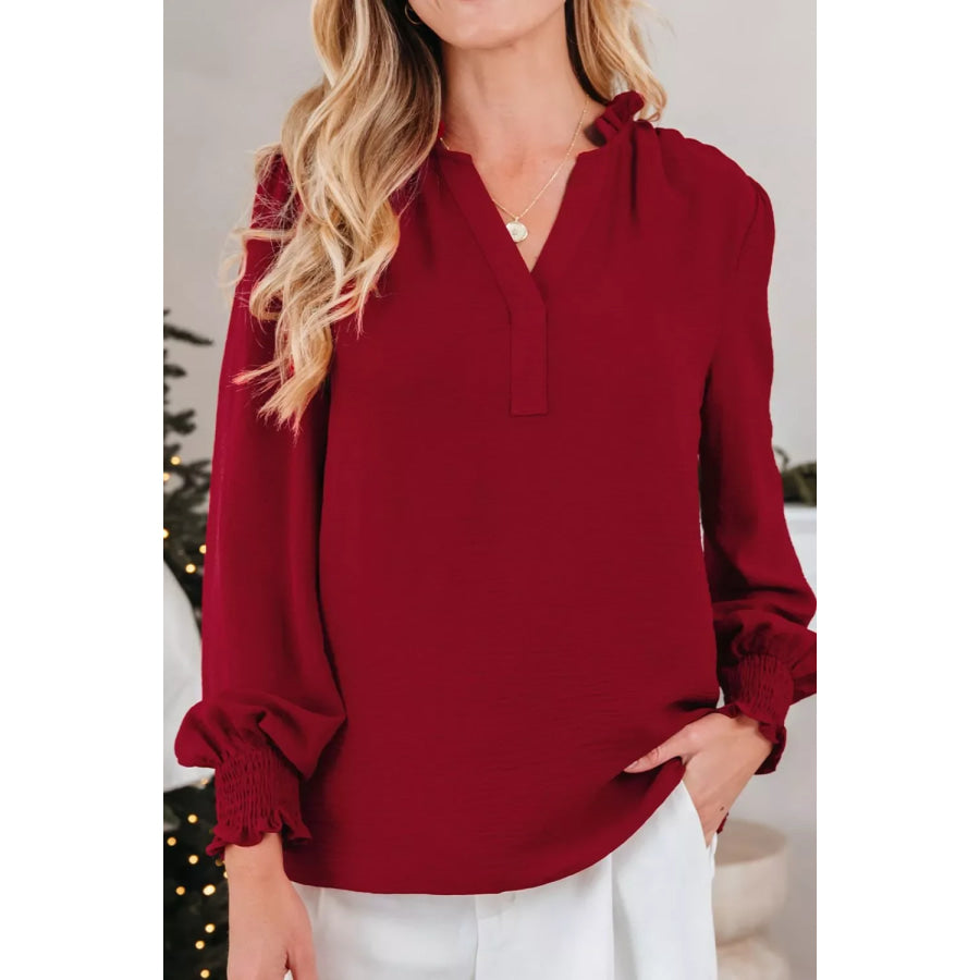 Notched Neck Shirred Cuff Long Sleeve Blouse Apparel and Accessories