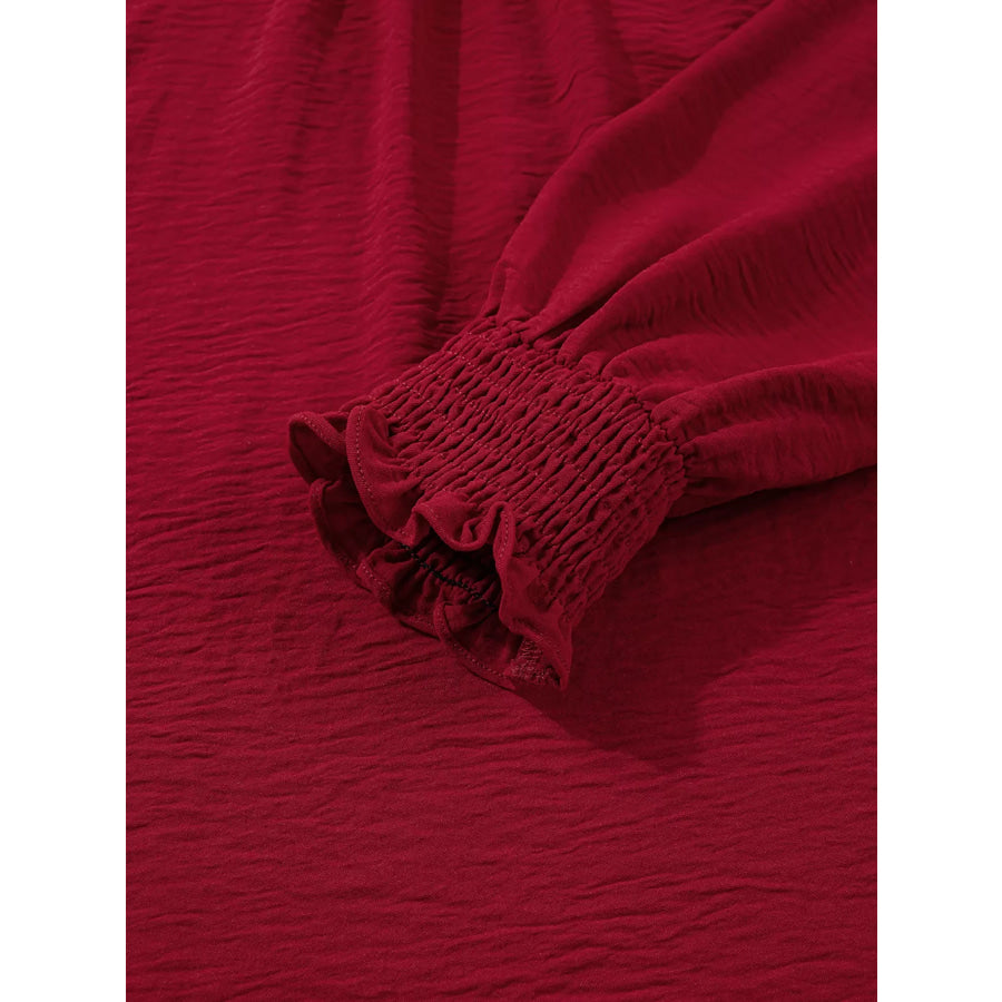 Notched Neck Shirred Cuff Long Sleeve Blouse Apparel and Accessories