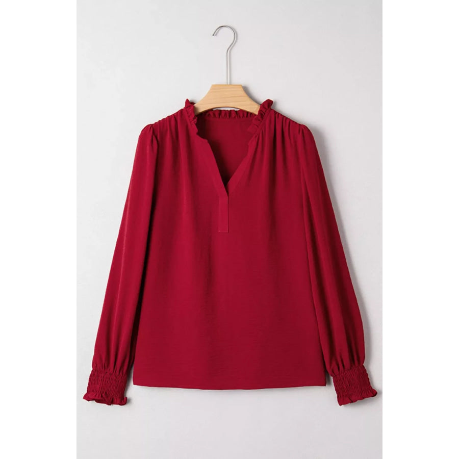 Notched Neck Shirred Cuff Long Sleeve Blouse Apparel and Accessories