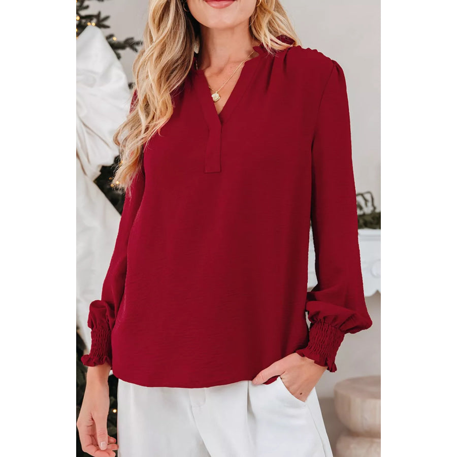Notched Neck Shirred Cuff Long Sleeve Blouse Apparel and Accessories