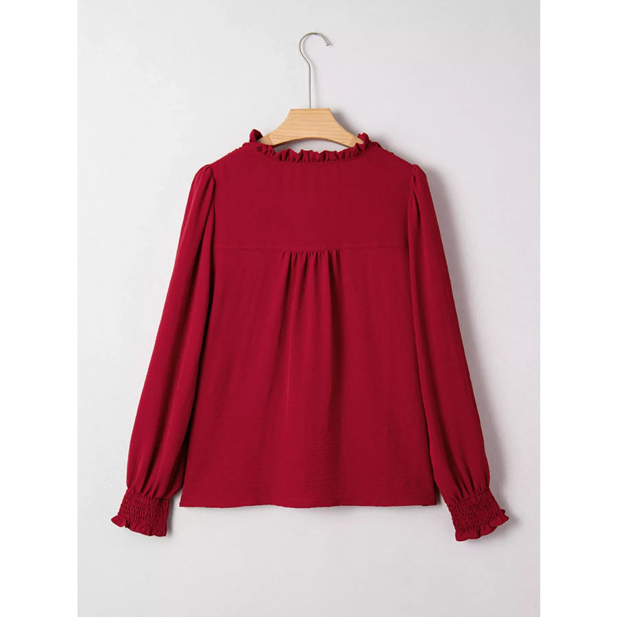 Notched Neck Shirred Cuff Long Sleeve Blouse Apparel and Accessories