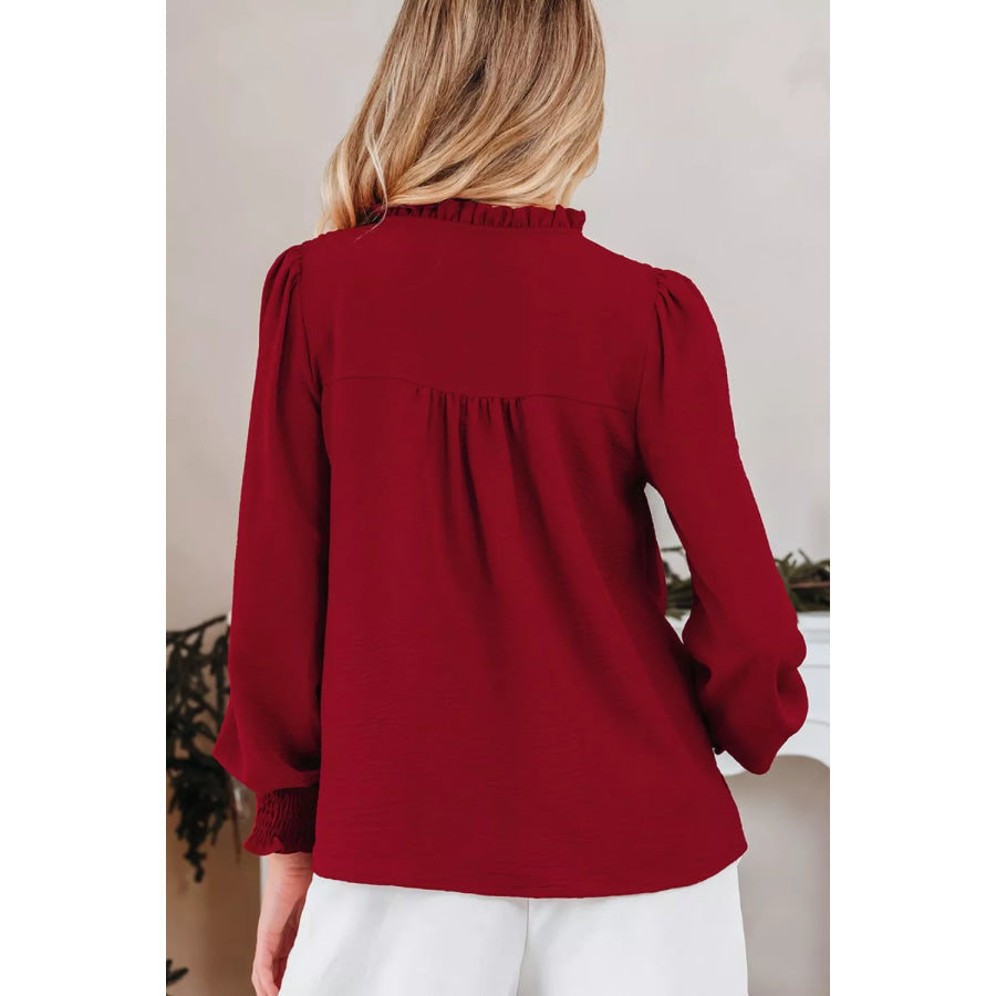 Notched Neck Shirred Cuff Long Sleeve Blouse Apparel and Accessories