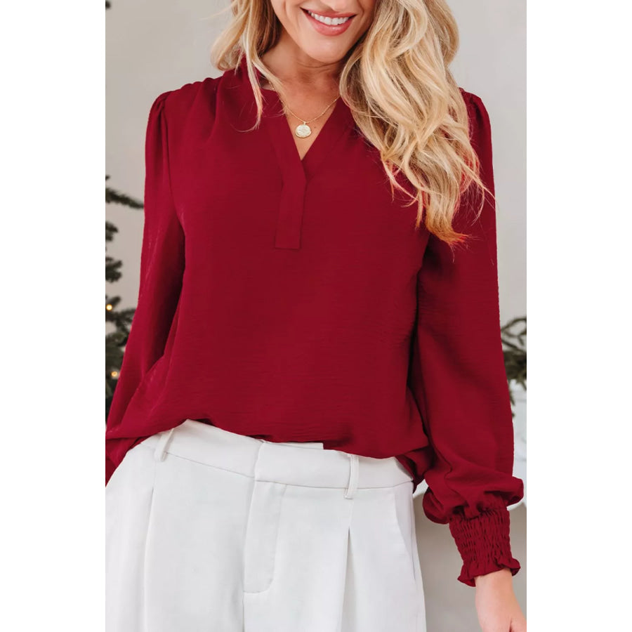 Notched Neck Shirred Cuff Long Sleeve Blouse Apparel and Accessories