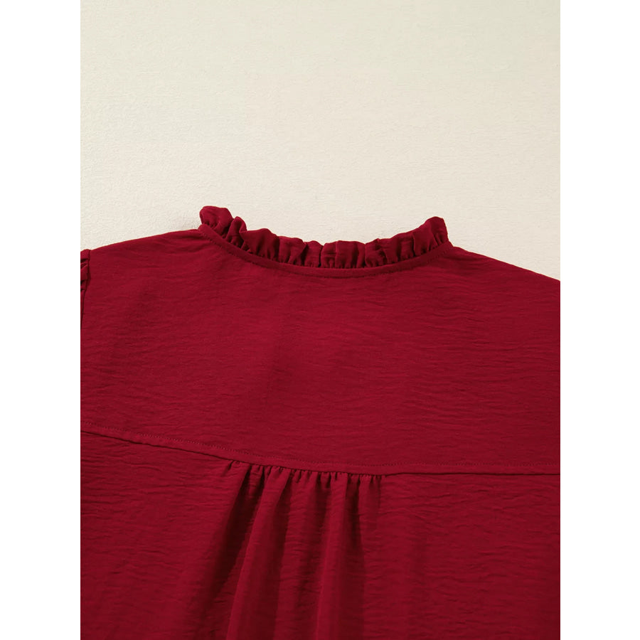 Notched Neck Shirred Cuff Long Sleeve Blouse Apparel and Accessories