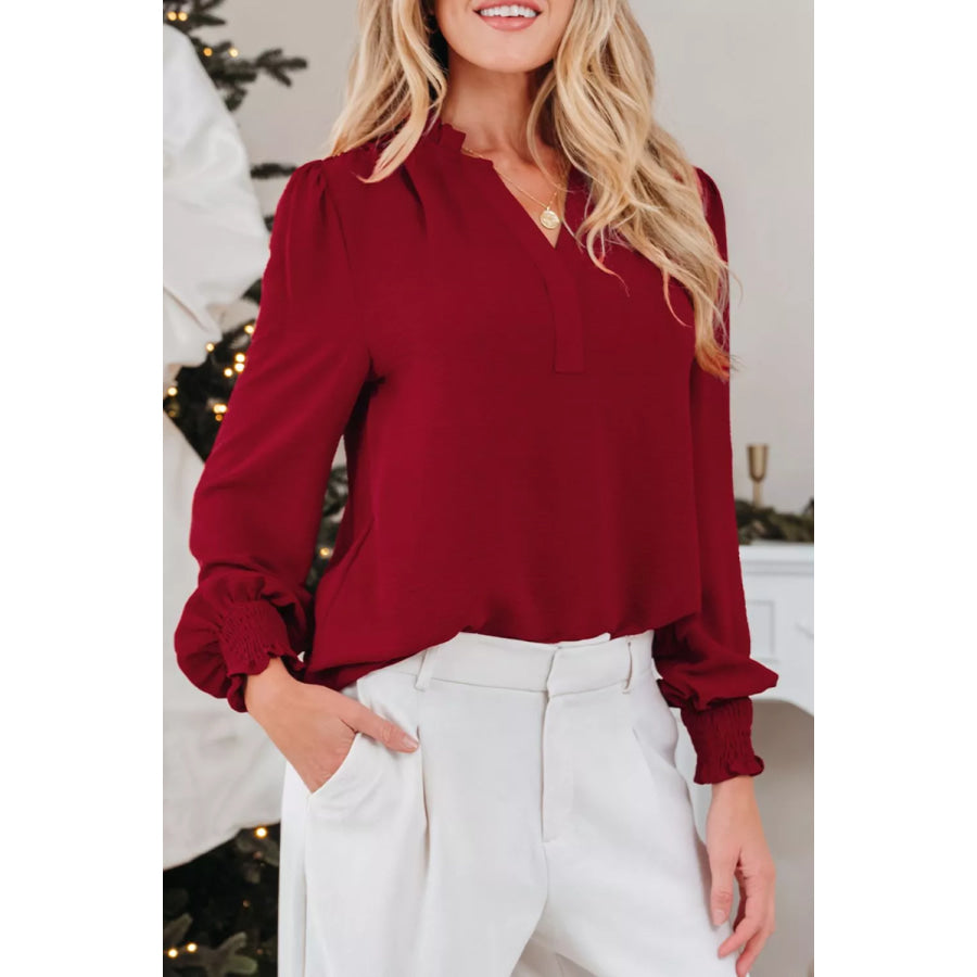 Notched Neck Shirred Cuff Long Sleeve Blouse Apparel and Accessories