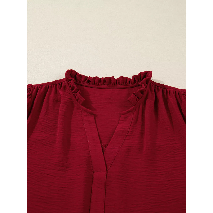 Notched Neck Shirred Cuff Long Sleeve Blouse Apparel and Accessories