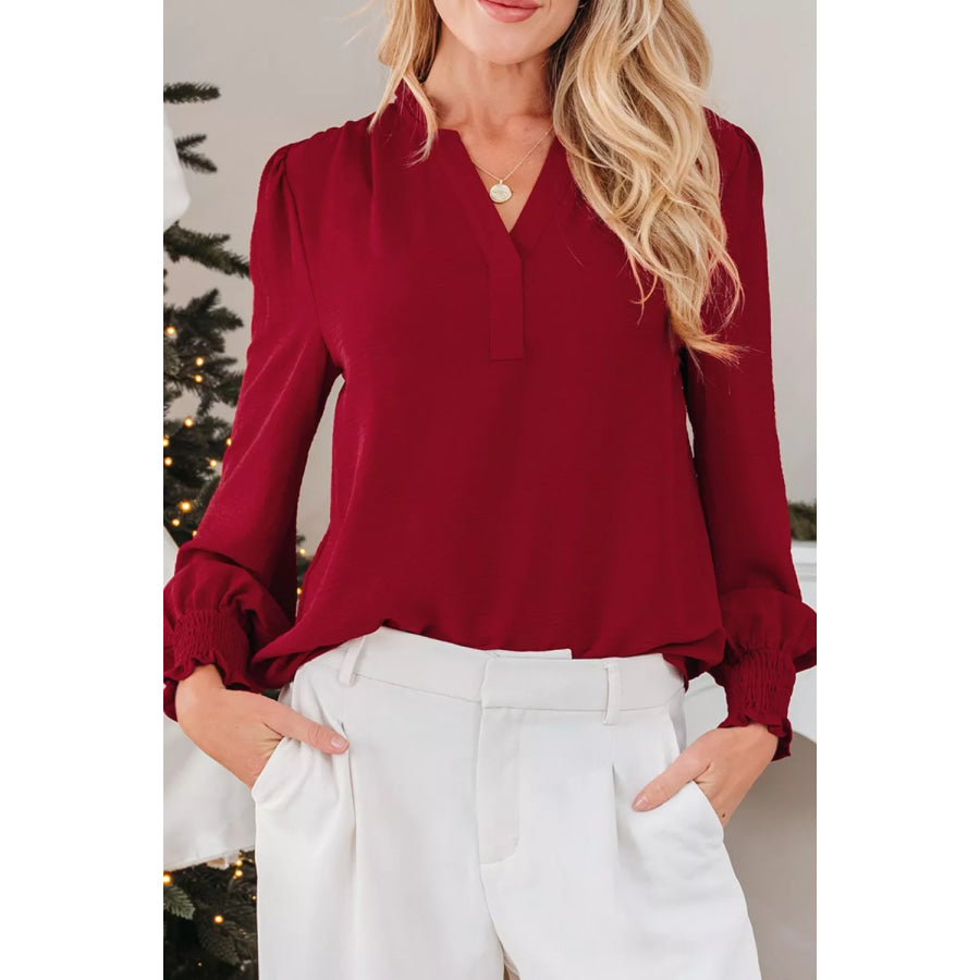 Notched Neck Shirred Cuff Long Sleeve Blouse Burgundy / S Apparel and Accessories