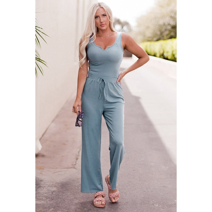 Notched Neck Tank Top and Tie Waist Wide Leg Long Pants Lounge Set Cloudy Blue / S