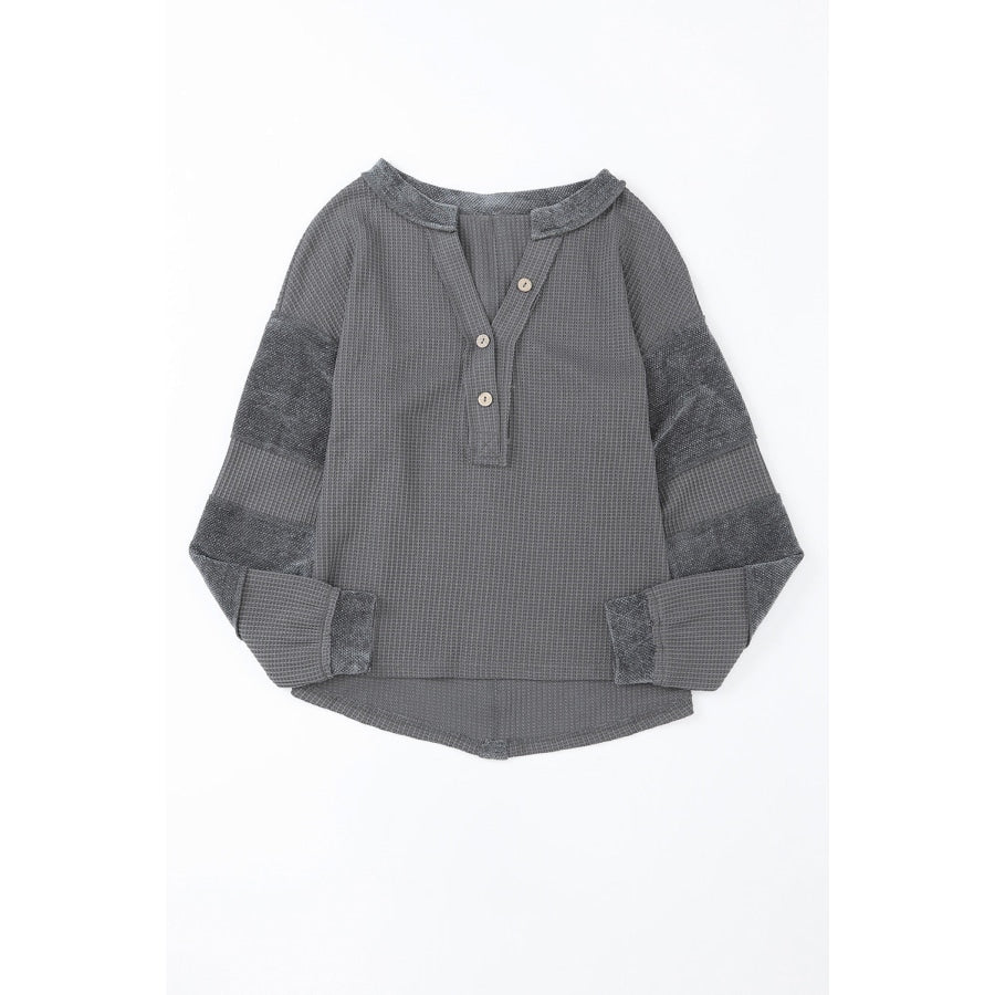 Notched Neck Waffle-Knit Blouse Charcoal / S