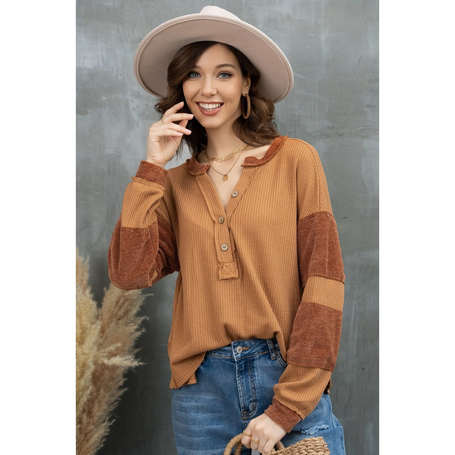 Notched Neck Waffle-Knit Blouse Ochre / S