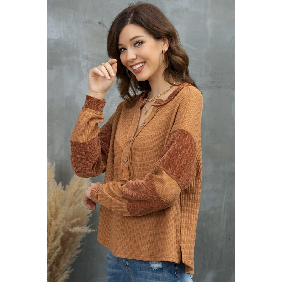 Notched Neck Waffle-Knit Blouse