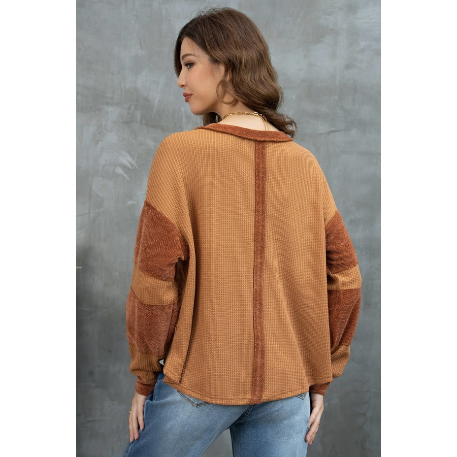 Notched Neck Waffle-Knit Blouse