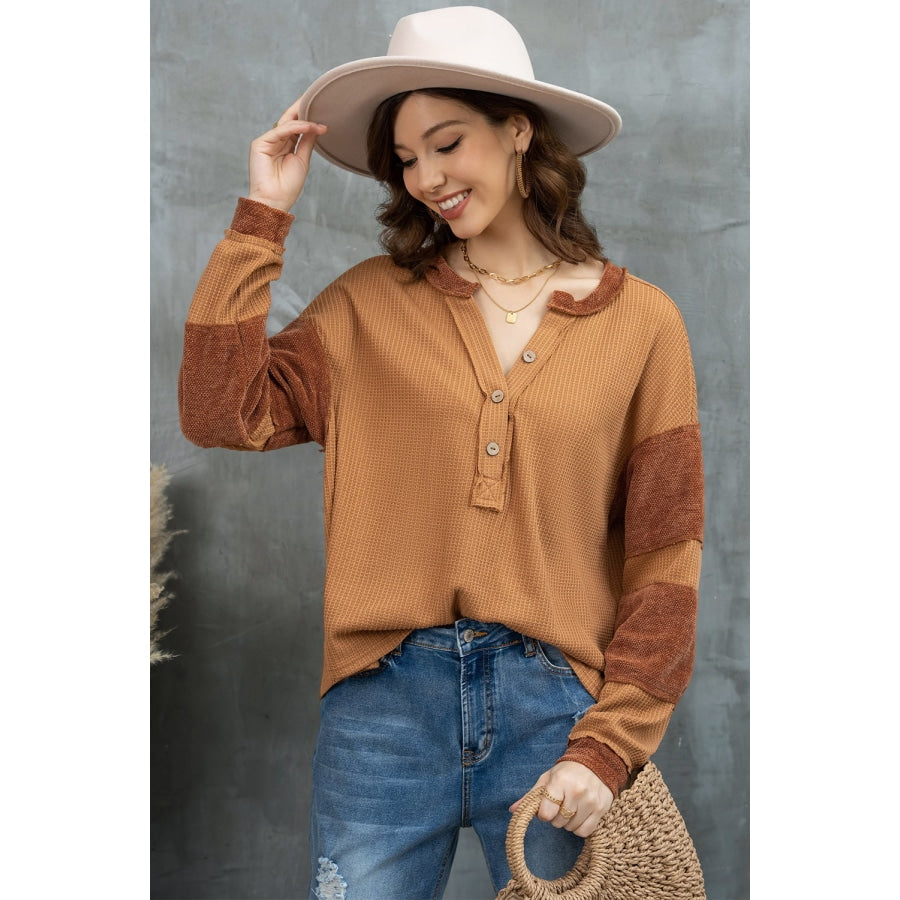 Notched Neck Waffle-Knit Blouse