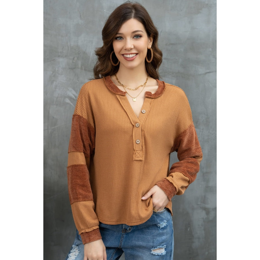 Notched Neck Waffle-Knit Blouse