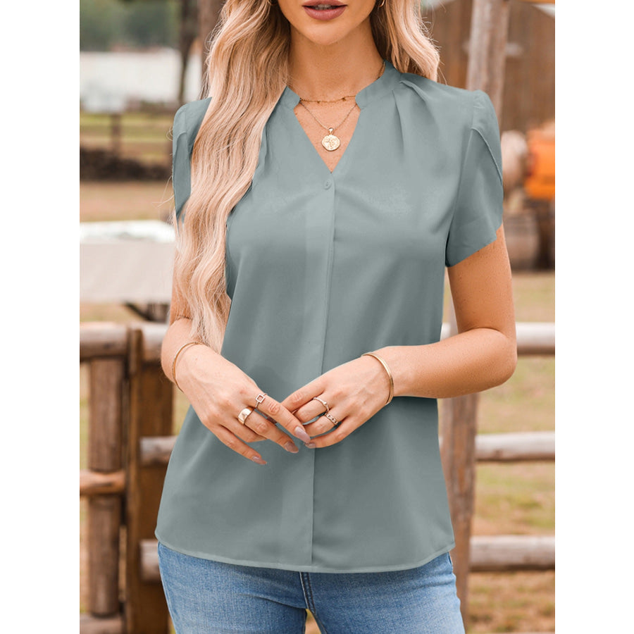 Notched Neckline Petal Sleeve Blouse Apparel and Accessories