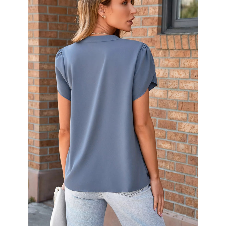 Notched Petal Sleeve Blouse Apparel and Accessories