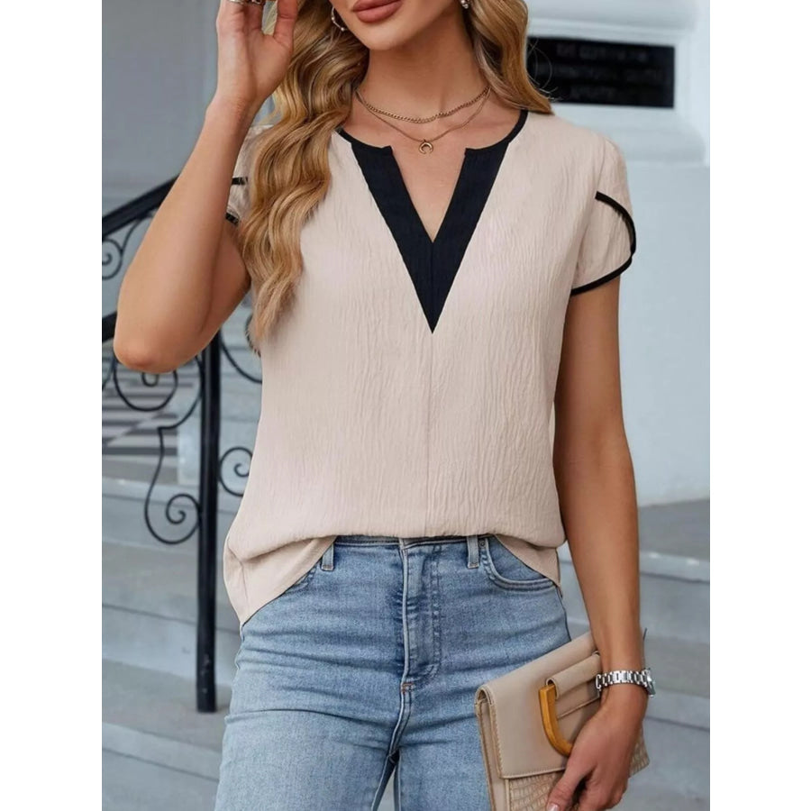 Notched Petal Sleeve Blouse Apparel and Accessories
