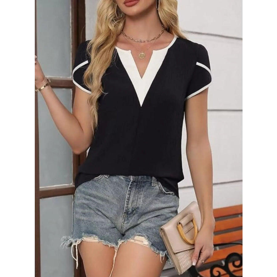 Notched Petal Sleeve Blouse Apparel and Accessories