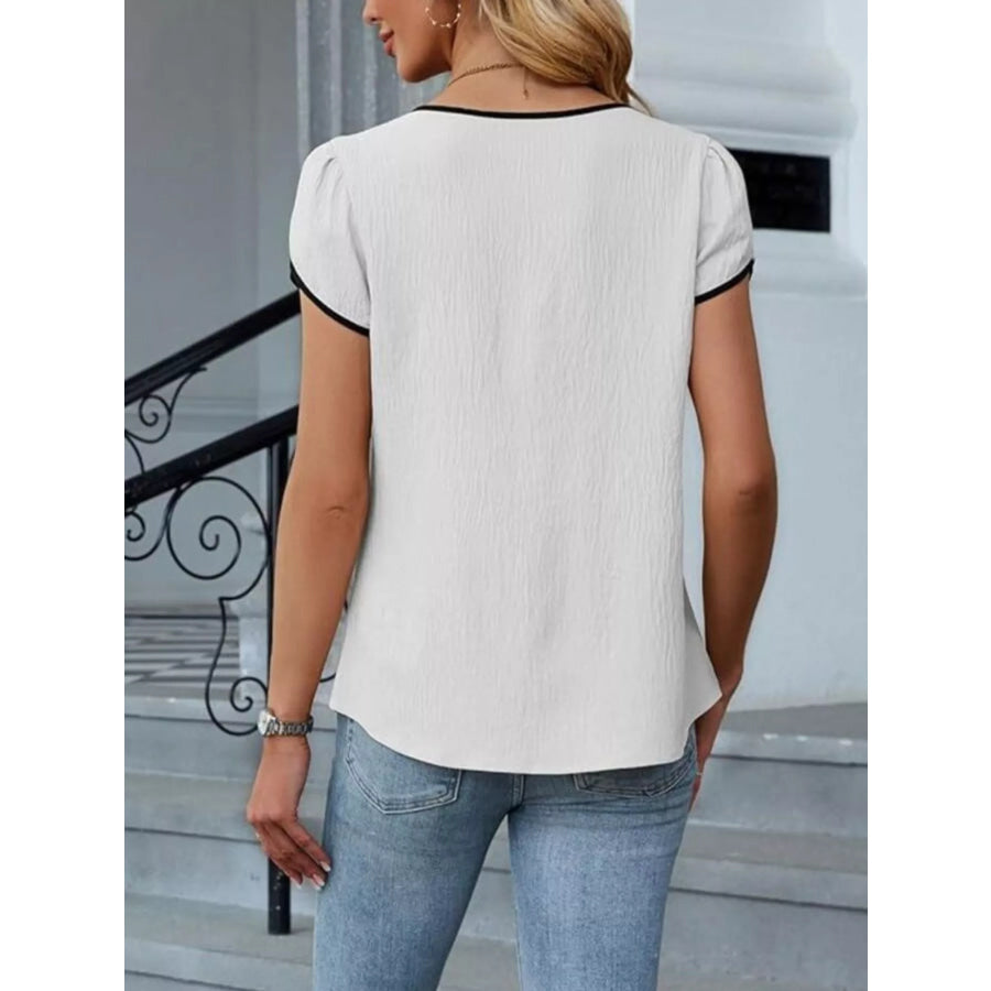 Notched Petal Sleeve Blouse Apparel and Accessories