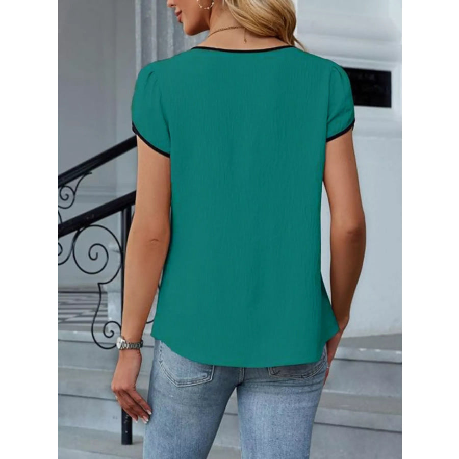 Notched Petal Sleeve Blouse Apparel and Accessories