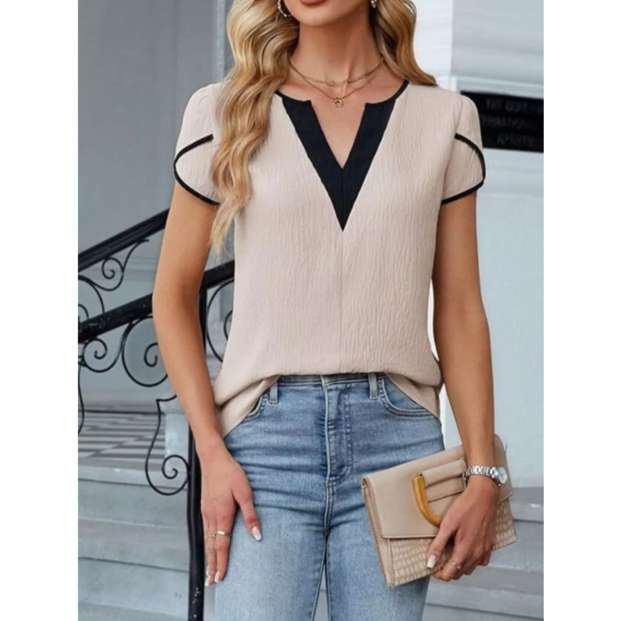 Notched Petal Sleeve Blouse Apparel and Accessories
