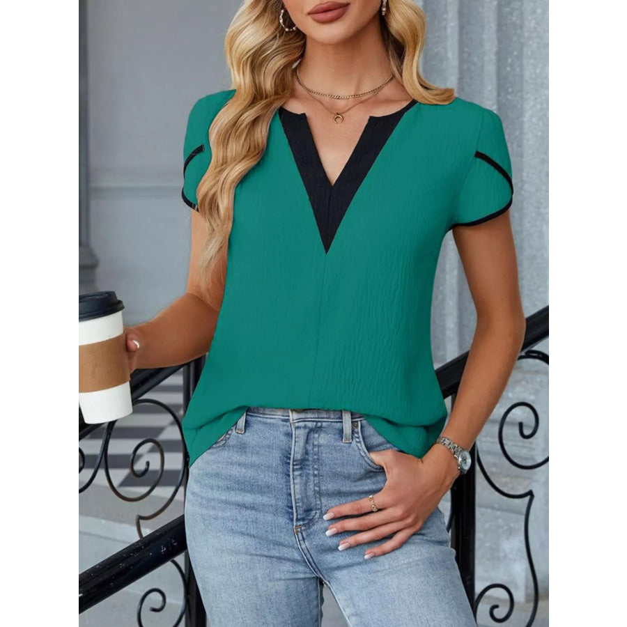 Notched Petal Sleeve Blouse Apparel and Accessories