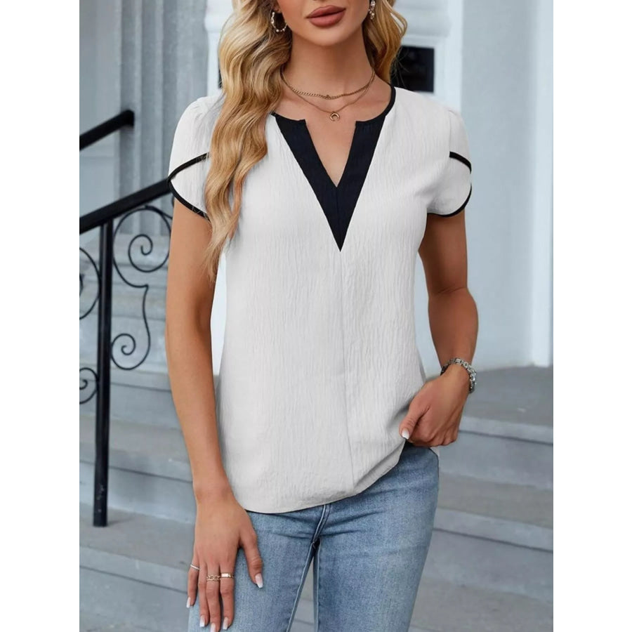 Notched Petal Sleeve Blouse Apparel and Accessories