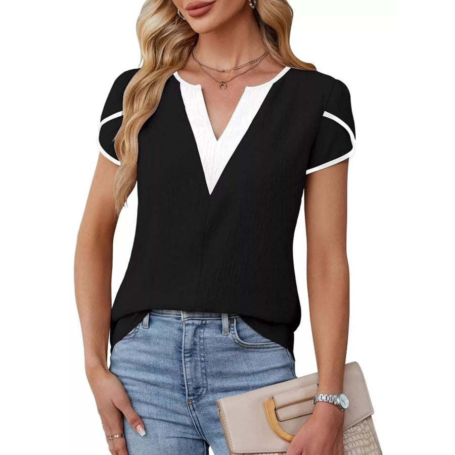 Notched Petal Sleeve Blouse Black / S Apparel and Accessories