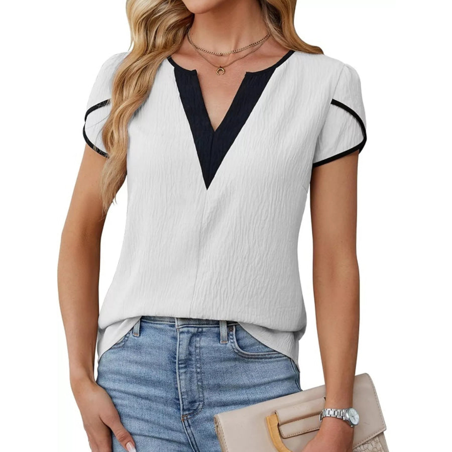 Notched Petal Sleeve Blouse White / S Apparel and Accessories