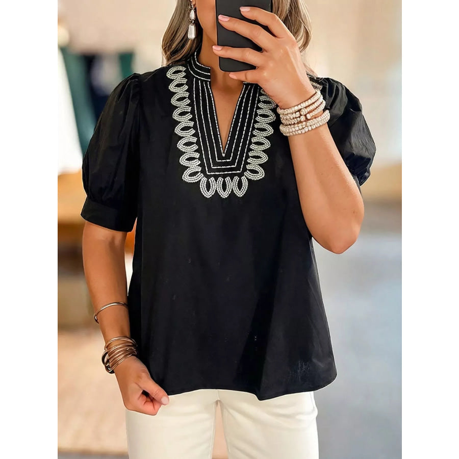 Notched Puff Sleeve Blouse Apparel and Accessories
