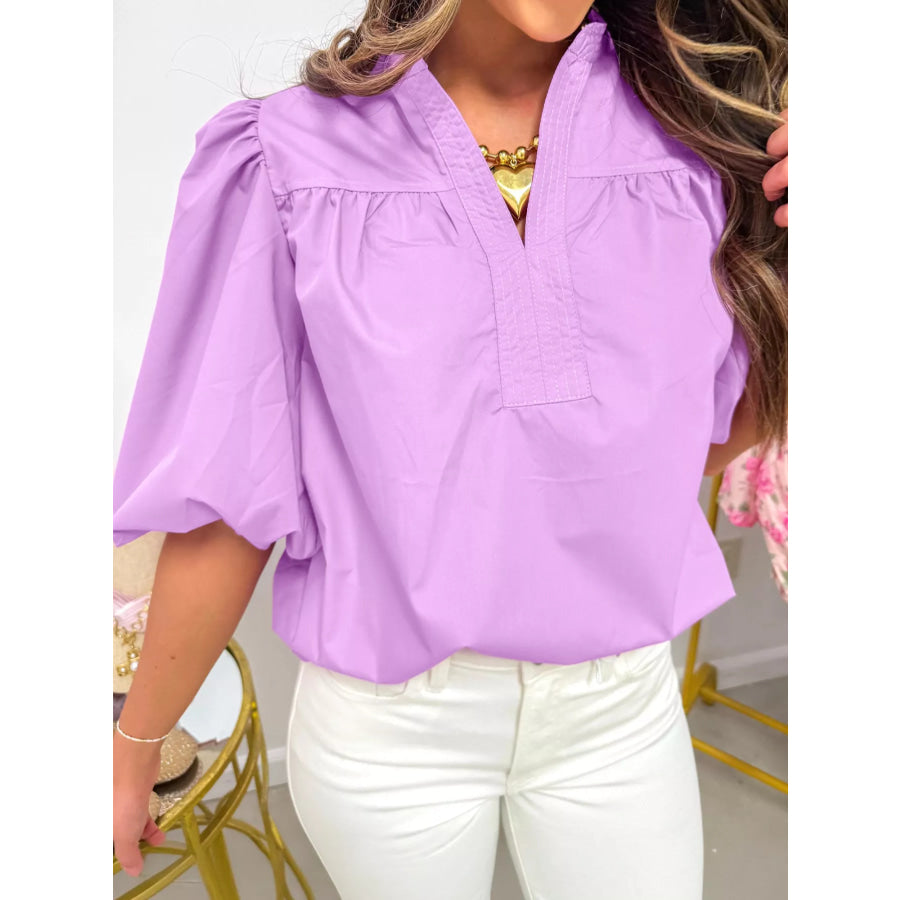 Notched Puff Sleeve Blouse Apparel and Accessories